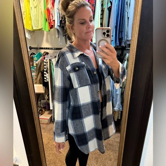 Navy and White Checkered Button-Down Shacket - Picture 1 of 5